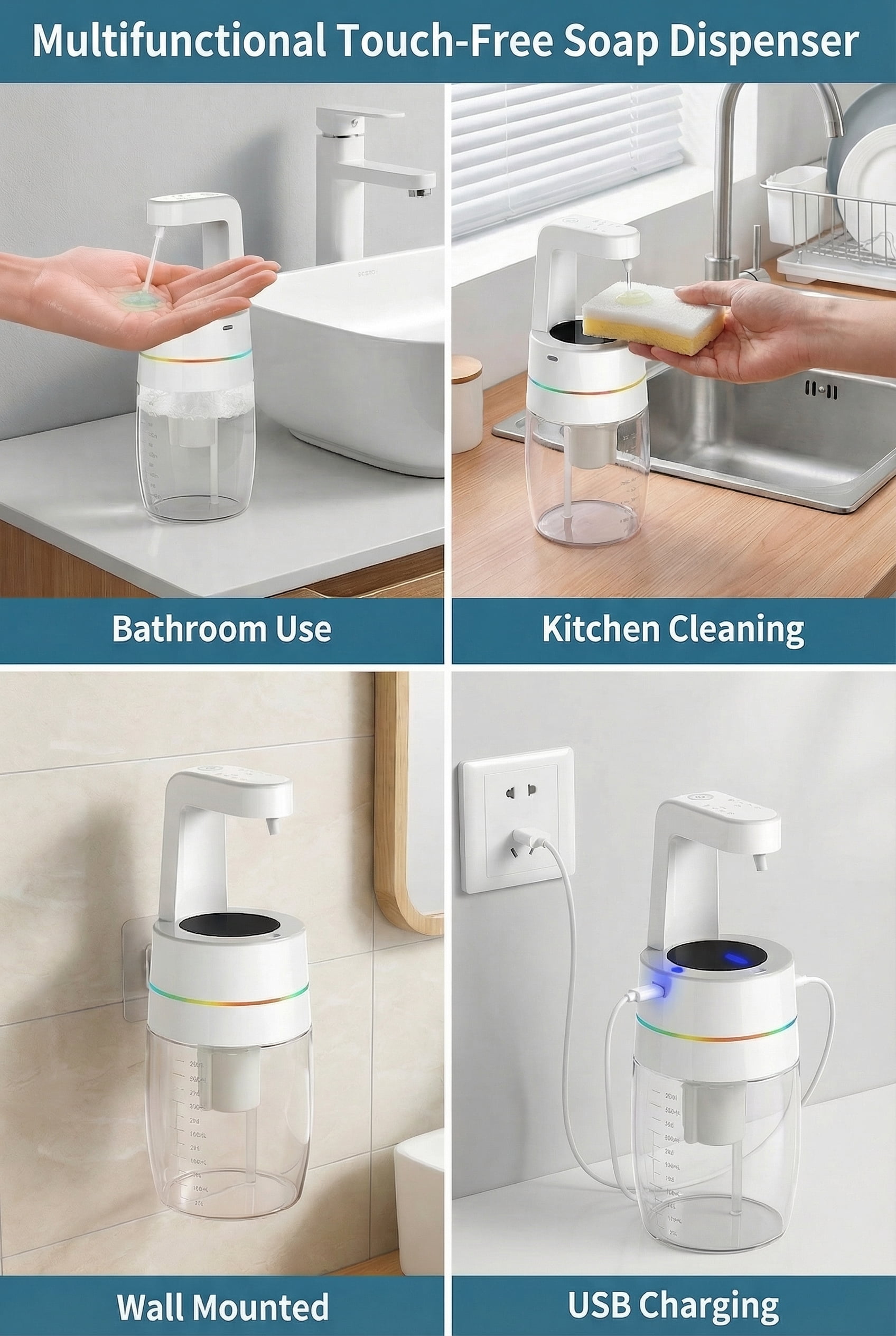 Smart Automatic Electric Sensor Foaming Soap Dispenser - 550ML Capacity, 4 Adjustable Flow Modes, IPX7 Waterproof, Wall/Tabletop Mounted
