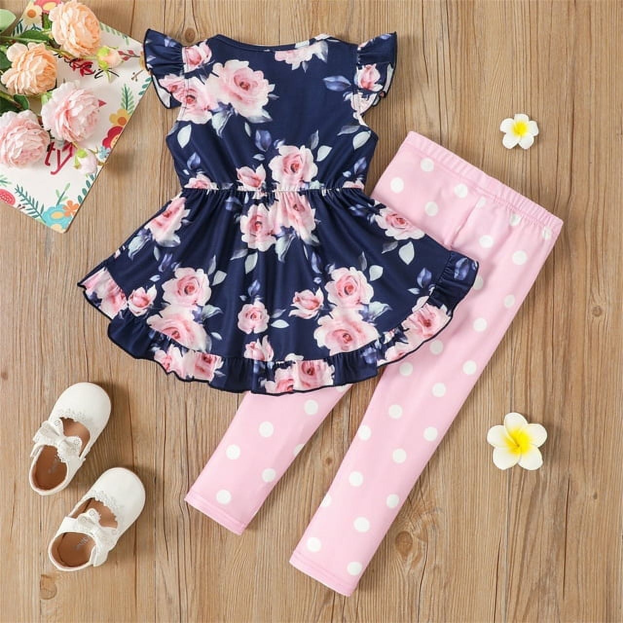 2pcs Toddler Girl Bowknot Design Ruffled High Low Short-sleeve Tee and Floral Print Leggings Set