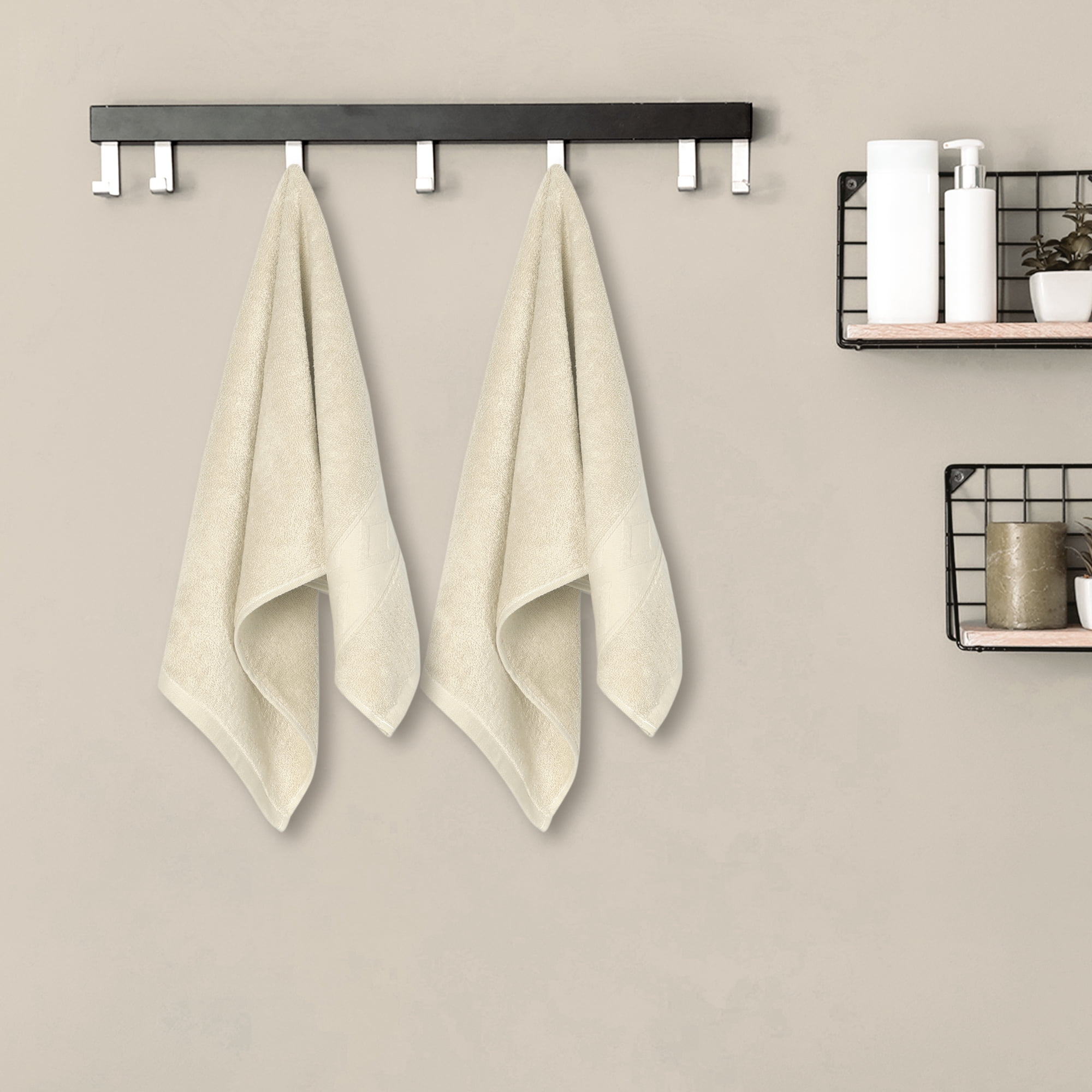 Unique Bargains Rhombus Pattern Hand Towel Set of 2 Cotton Highly Absorbent Towels Khaki 13" x 30"