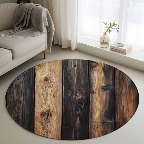 Vintage Wooden Round Rug 3ft Washable Circle Entryway Rugs Non Slip Brown Modernism Retro Farmhouse Area Rug Indoor Floor Carpet for Bedroom Kitchen Living Room Home Office Dining Room Nursery