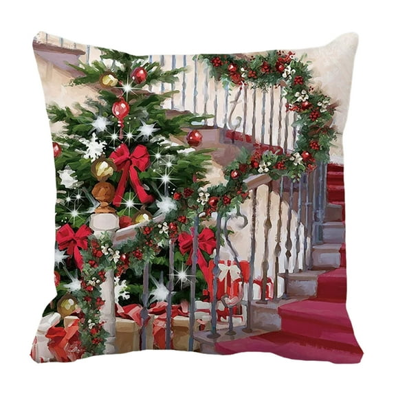 Luoshdecor Christmas Watercolor Throw Pillow Cover ,18x18 in Christmas Tree Scene Pillow Cushion for Home & Sofa Decor
