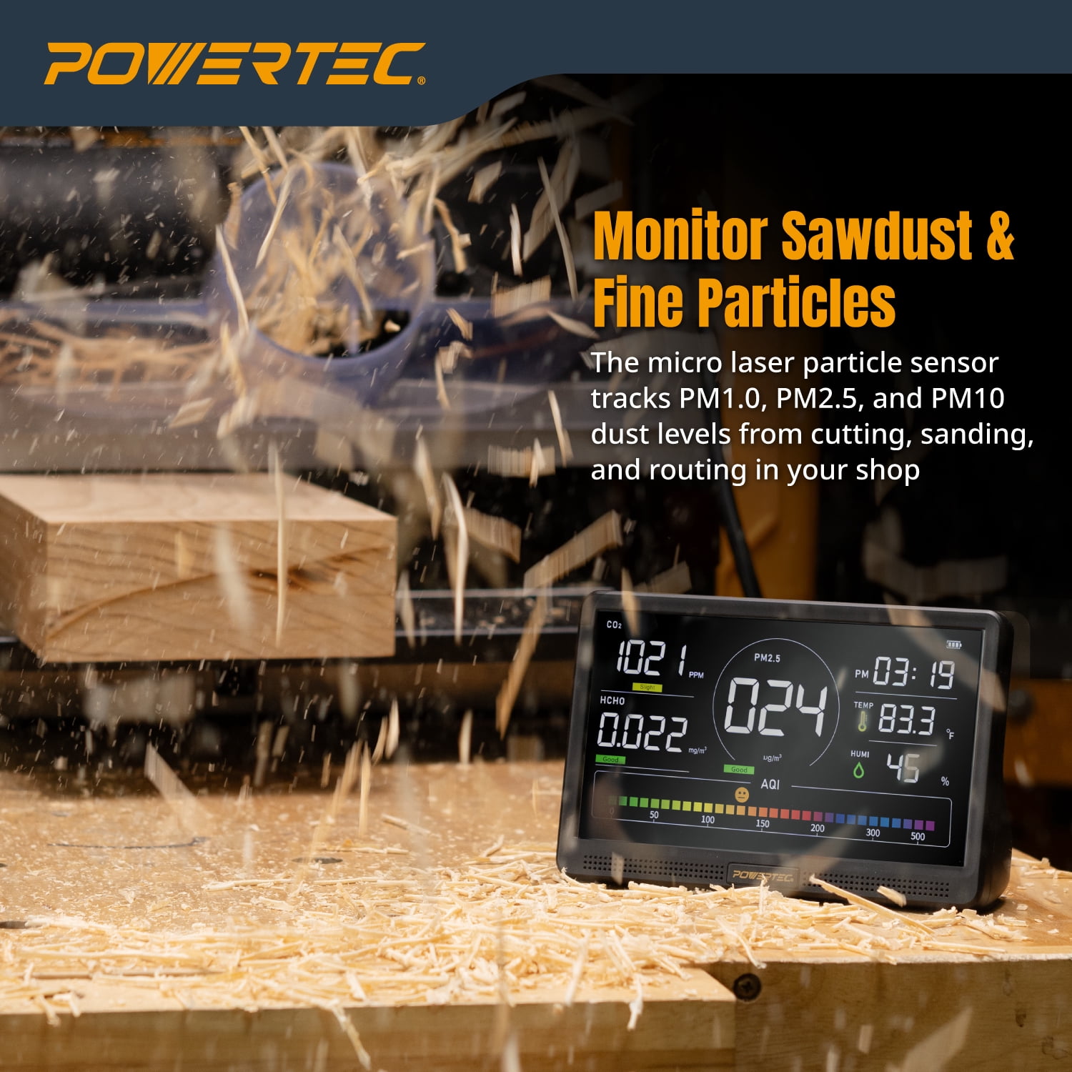 POWERTEC Air Quality Monitor with 7” LCD Display – Multi-Sensor CO₂, PM2.5, PM10, HCHO, TVOC Detector, NDIR Sensors, Rechargeable Indoor/Workshop Air Monitor, AD1001