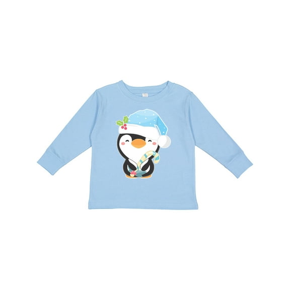 Inktastic Cute Christmas Penguin in Blue Hat Boys or Girls Long Sleeve Toddler T-Shirt