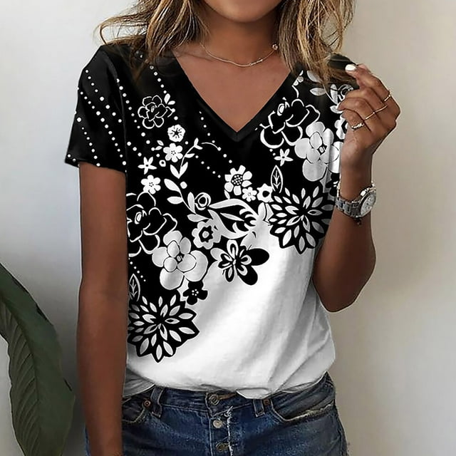 Hauts d'Été Grande Taille pour Femmes, T-shirt à Manches Courtes à Col en V Imprimé Floral, Blouses pour Femmes, T-shirt Col en V pour Femmes en Solde