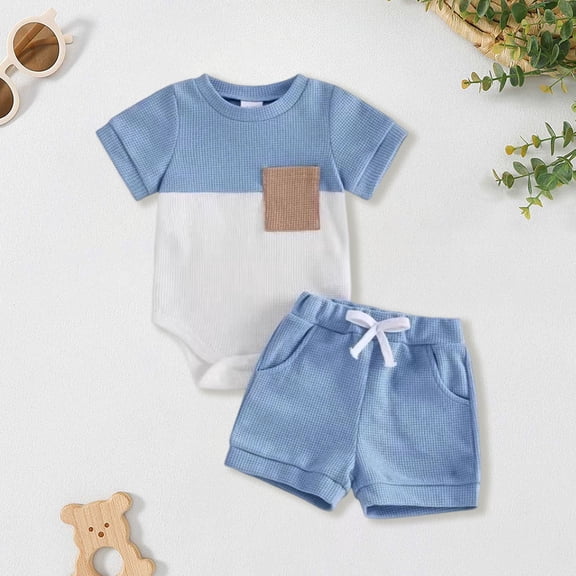 Boys Outfits Size 6-12 Months Infant Baby Boy Summer Clothes Contrast Color Short Sleeve Romper and Stretch Shorts Newborn 3 6 12 18M Outfit