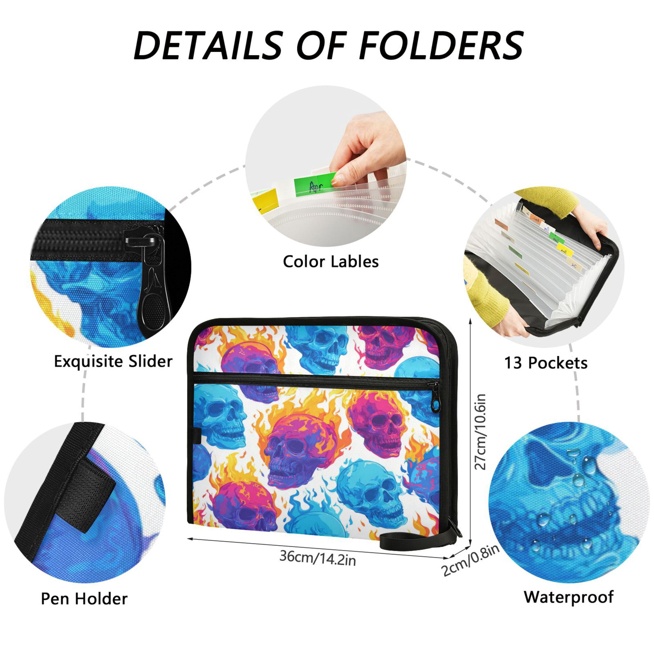 13 Individual Pockets Organ Folder Waterproof A4 Size File Folder Home Work Office Categorized Storage File Manager Colorful Skulls with Flames