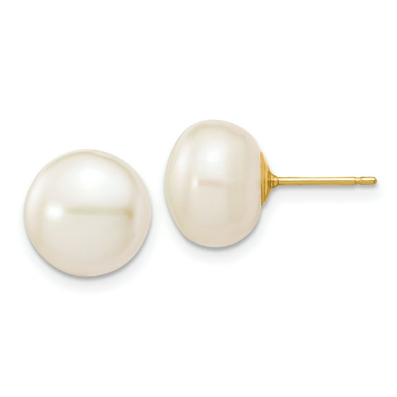 Primal Gold 14 Karat Yellow Gold 10-11mm White Button Freshwater Cultured Pearl Stud Post Earrings