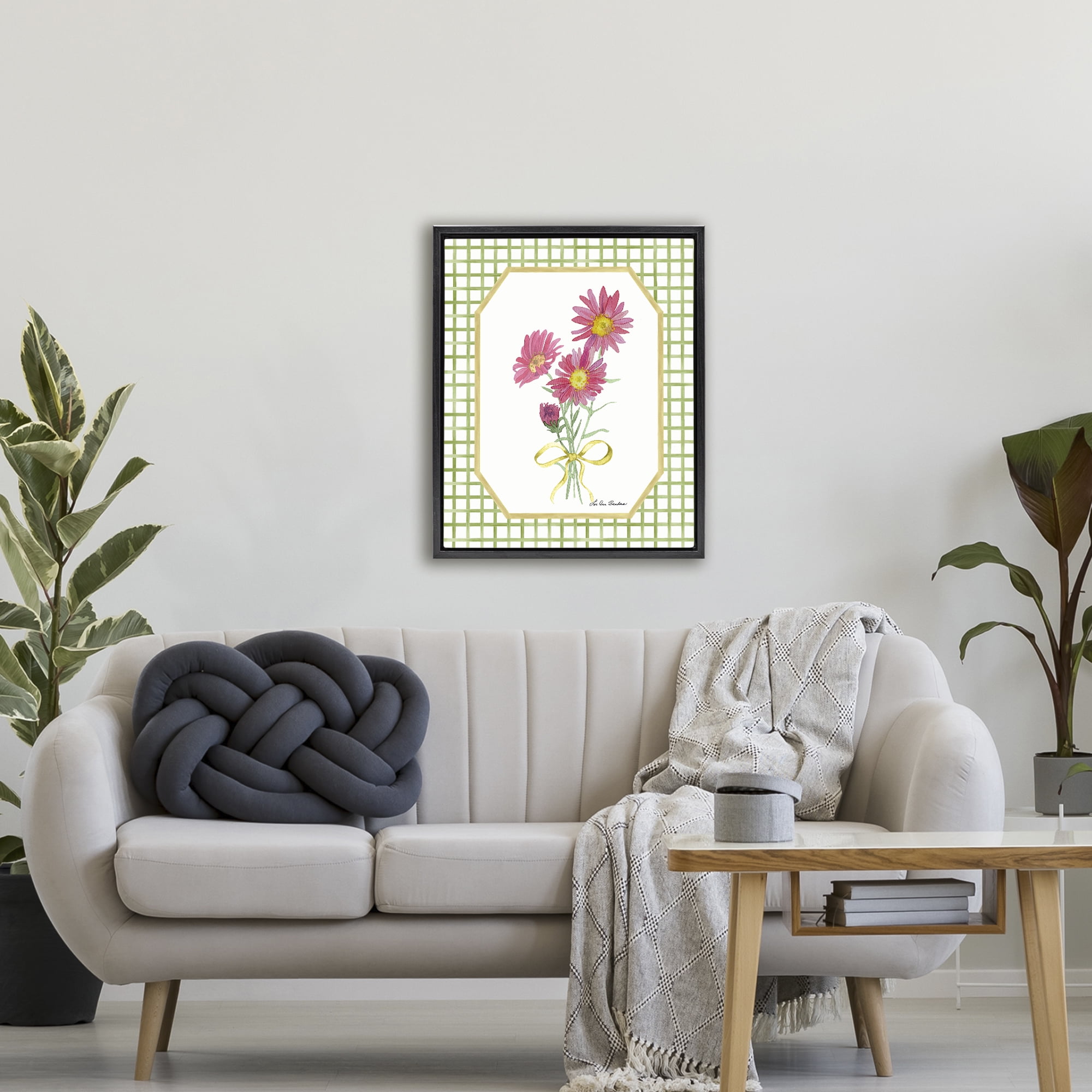Botanical Story on Gingham Black Framed Floater Canvas Wall Art, design by Lee Ann Sanders