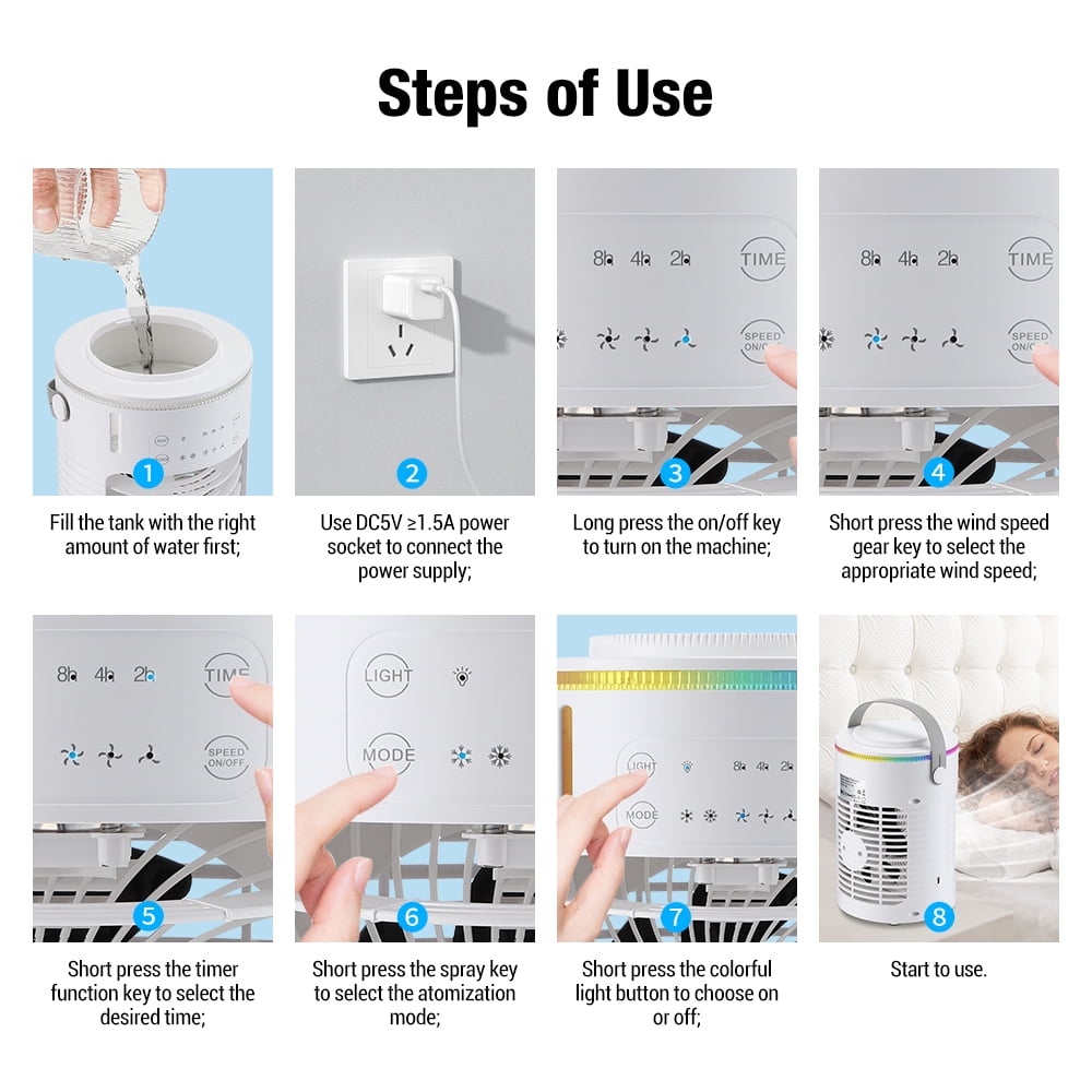 Flaremore Mini Portable Air Conditioner, Evaporative Air Cooler,Personal Air Cooling Fan and Humidifier with 3 Speeds 7 Colors for Room & Office Desk Outdoors Travel, White