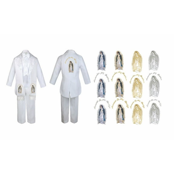 New Born Boy Christening Baptism White Tail Tux Maria Mary Stole & Back Sm-7