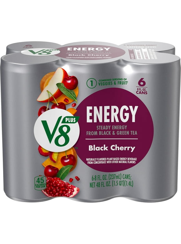 V8 +ENERGY Black Cherry Energy Drink, 8 fl oz Can (Pack of 6)