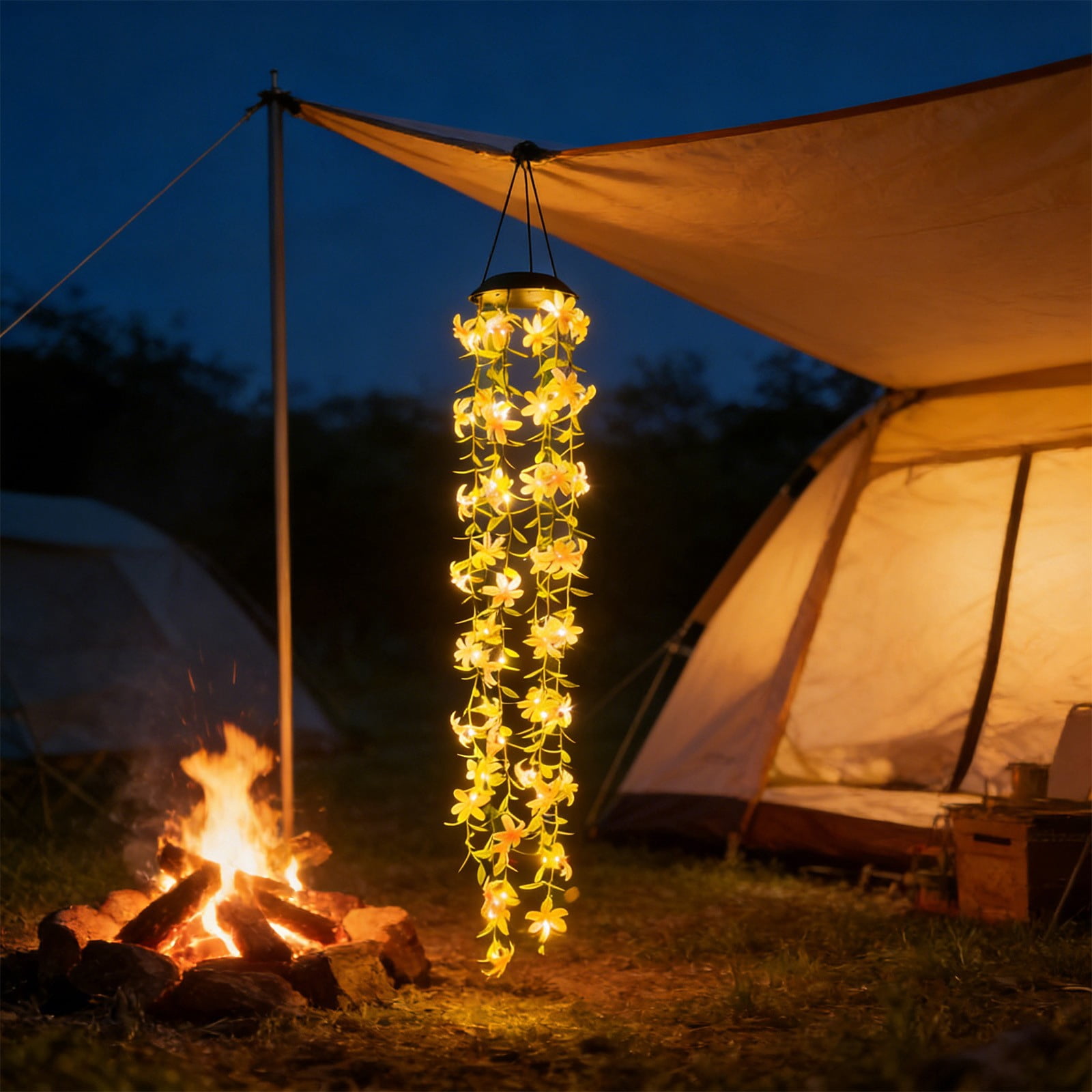 Solar Outdoor Hanging Wind Chime Light With Flower Accents Warm Led Glow And Weatherproof Construction For Garden Patio Balcony Yard Decorative Ambient Lighting