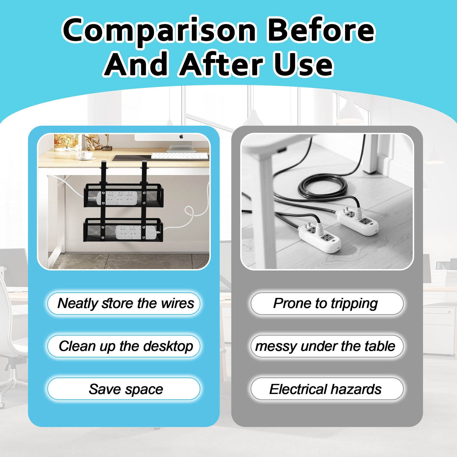 FT Hita 2 Layer Under Desk Cable Management Trays Black No Drill Cable Management Box With Clamp Cord Organizer for Office, Home,Gaming Desk