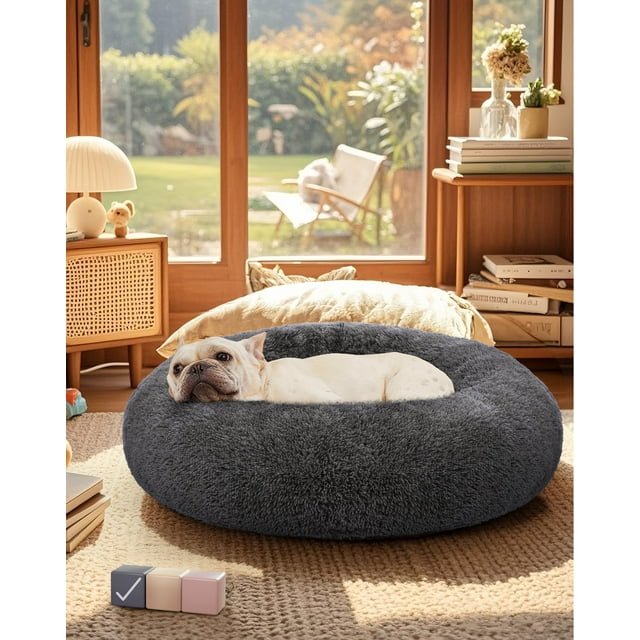 Almohada de cama para perros HoGeni Calming Donut para mascotas de tamaño mediano, color gris