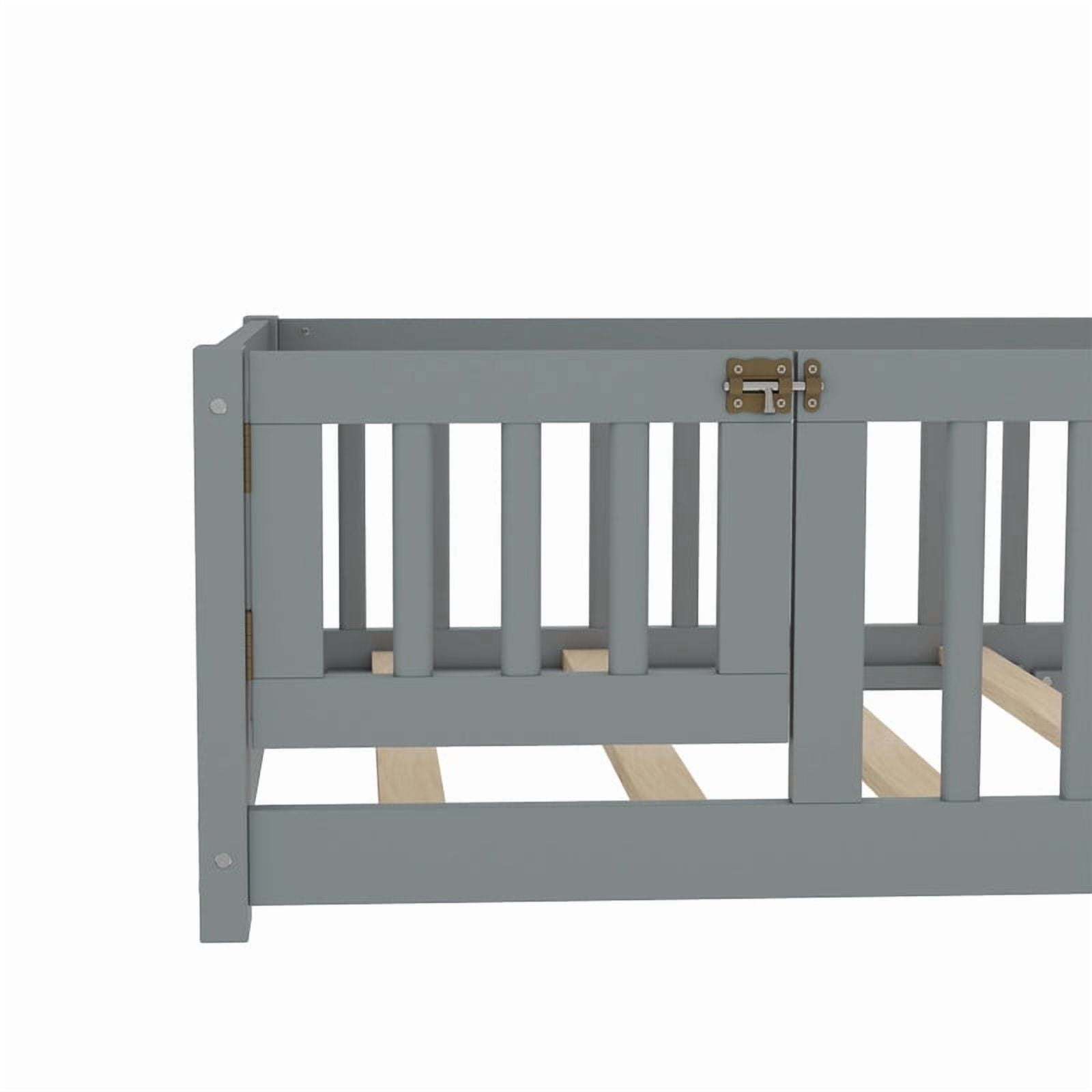 Montessori Bed with Rails, Twin Size Floor Bed with Door & Slats Support, Wood Playhouse Bed with Fence, No Box Spring Needed,Gray