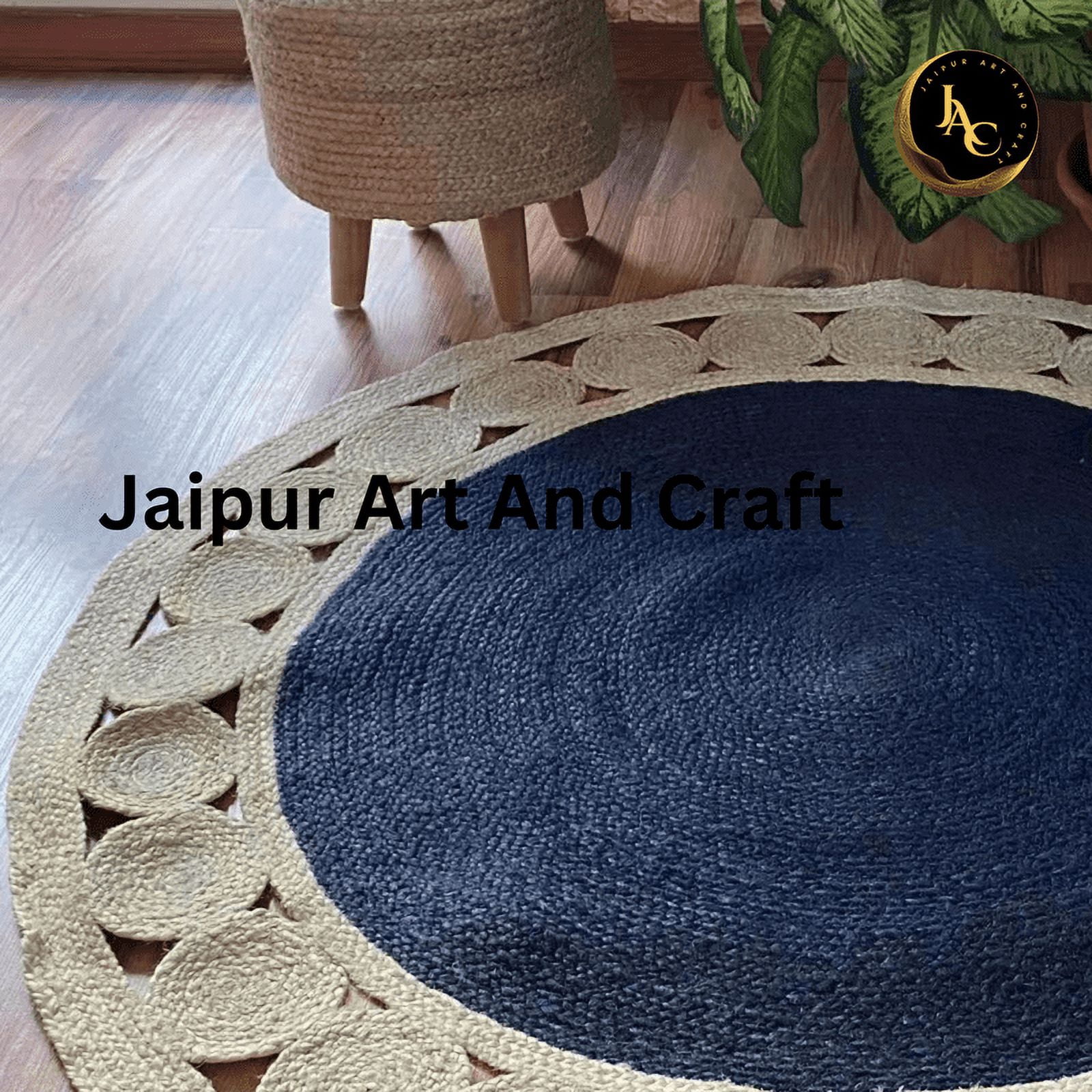 Jaipur Art And Craft Handmade Area Carpet Round Braided Natural Unbleached Jute Rug Blue and White (6x6 Sq Ft)