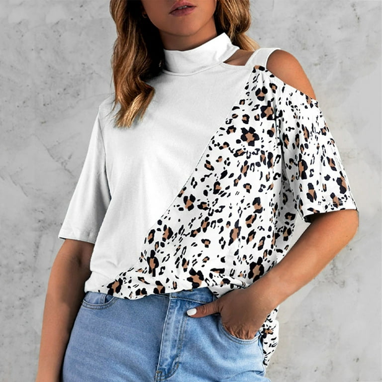 Women Loose Round Neck Off Shoulder TShirt Printed Leopard Print