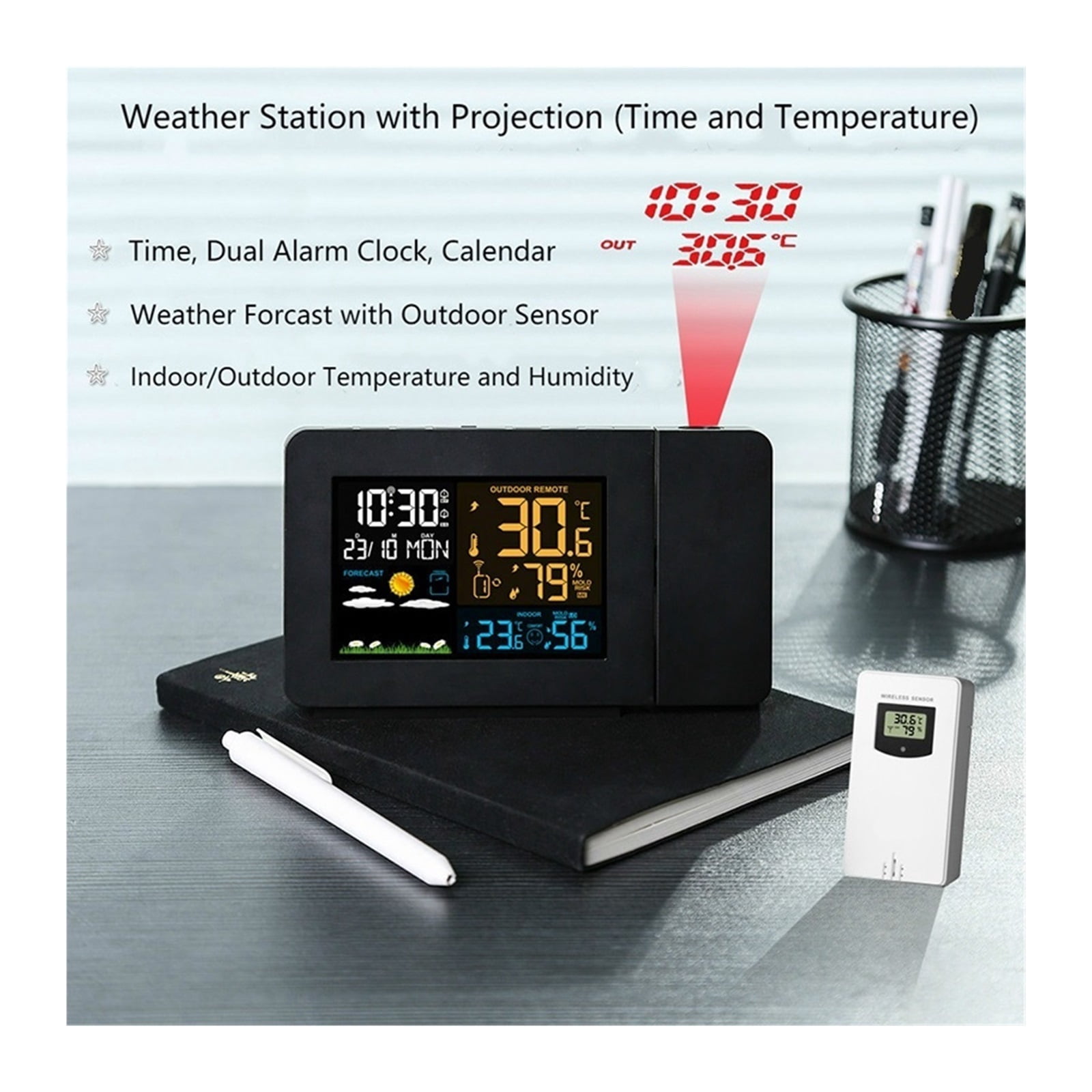 Weather Station Thermometer Wireless Sensor Indoor Outdoor Meter Digital Alarm Clock ,Real-Time