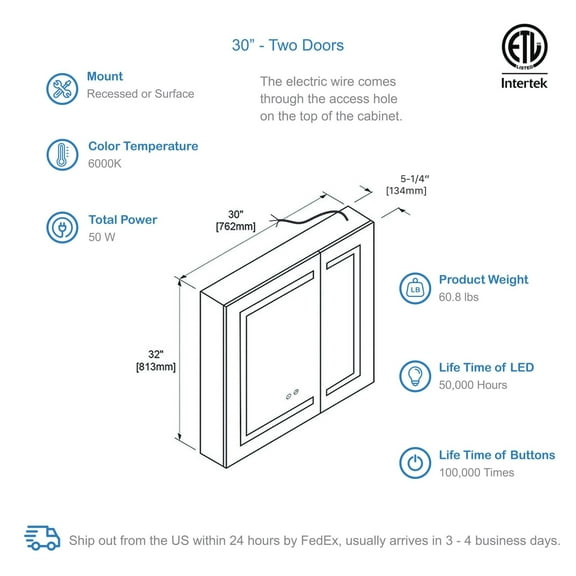 Blossom Vega 30" LED Medicine Cabinet, Bathroom Mirror Storage, Defogger, Smart Memory