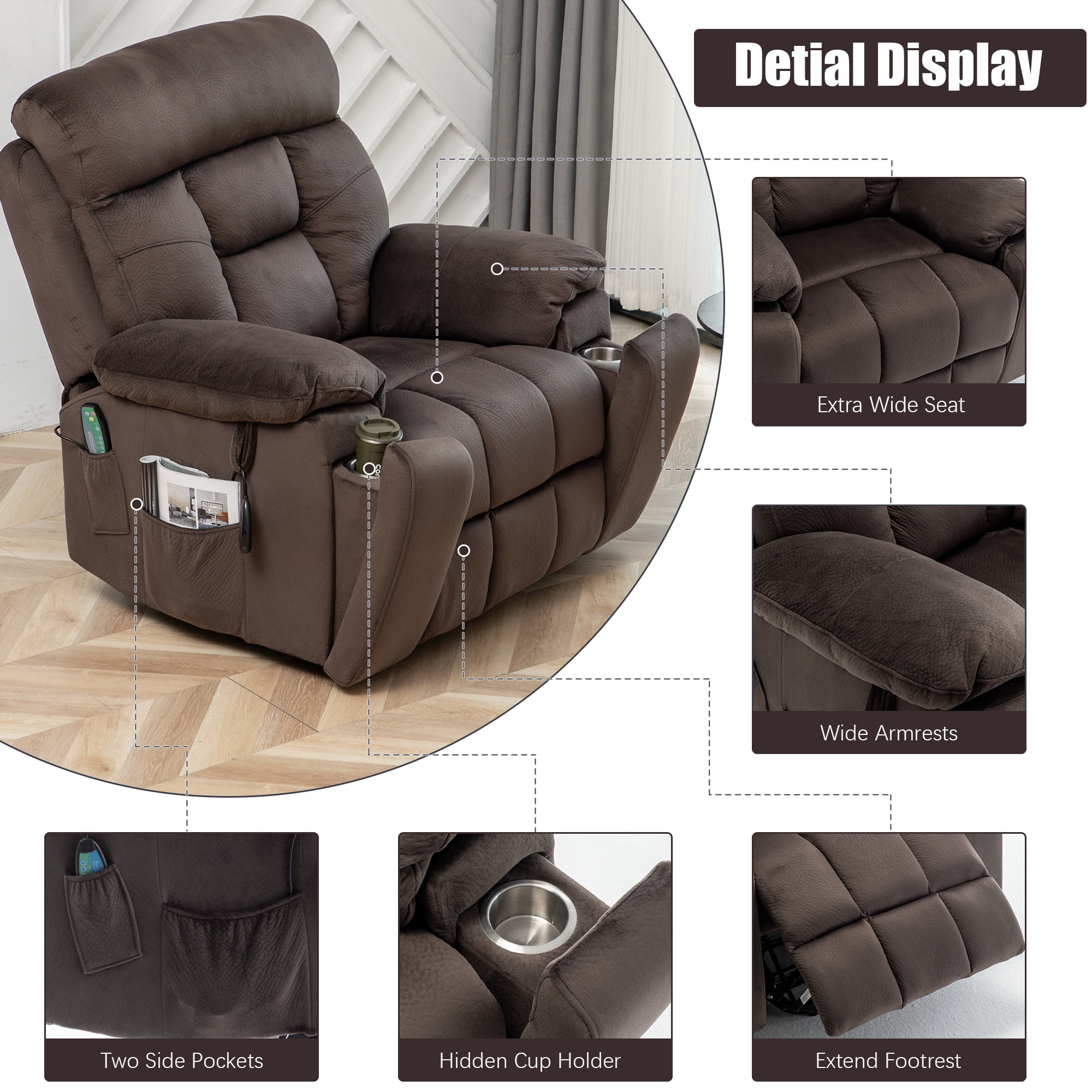 PAPROOS Oversized Electric Massage Lift Chair, Large Power Lift Recliner with Heat Therapy, Fabric Reclining Sofa with Remote, Hidden Cup Holder and Side Pocket for Elderly Seniors, Antique Brown