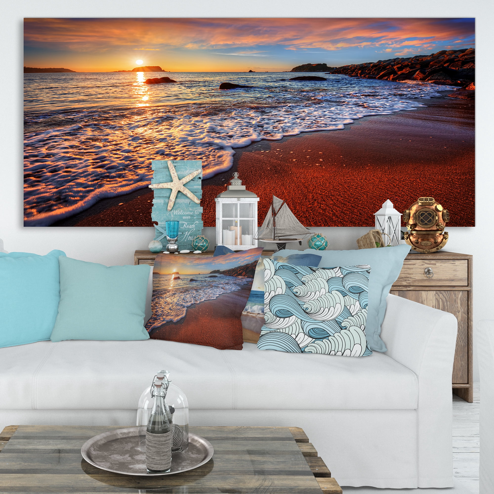 Designart 'Stunning Ocean Beach at Sunset ' Seashore Canvas Art Print