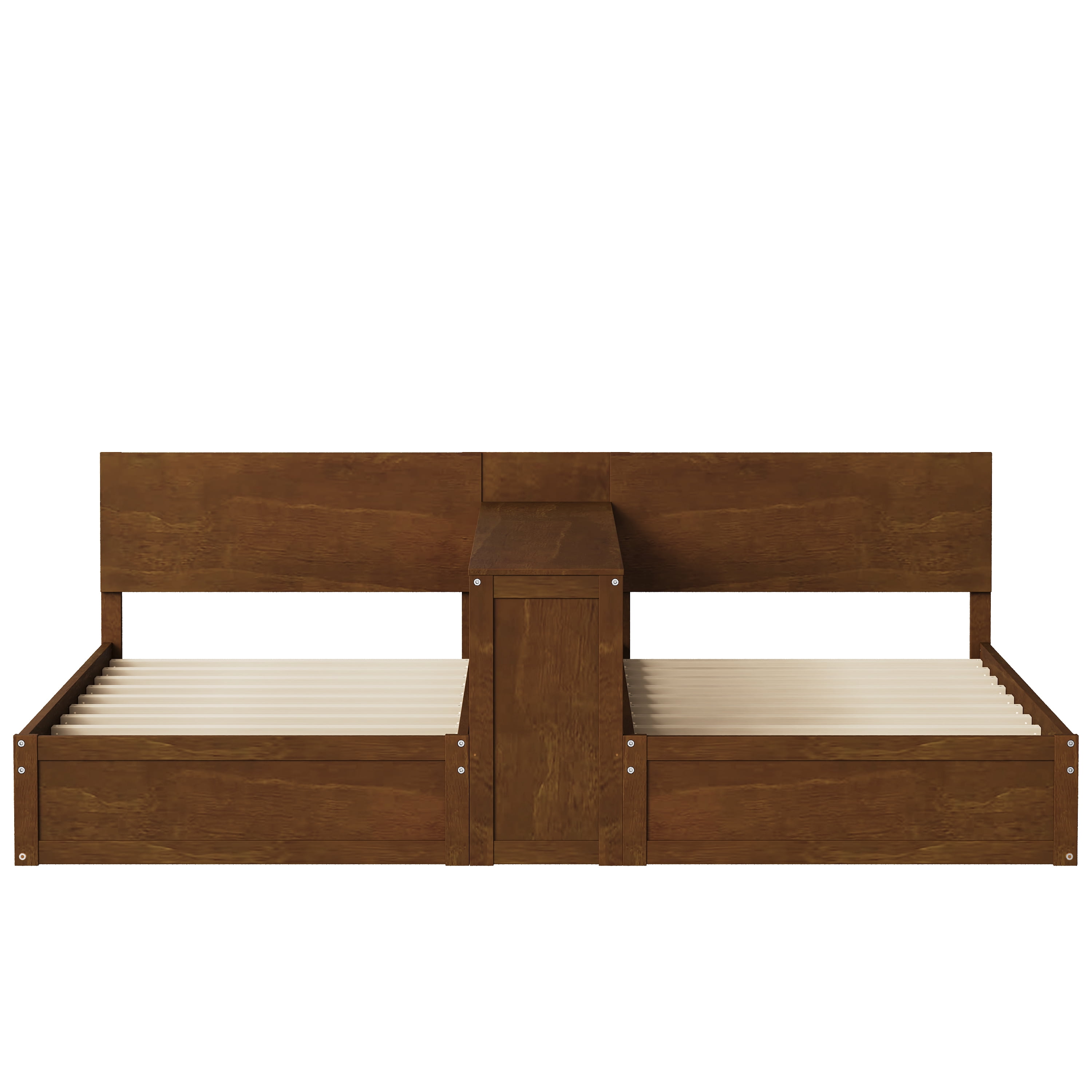 Mintazer Twin Size Double Platform Bed Frame with Adjustable Middle Storage Desk, 2 Twin Beds with Movable Workstation for Kids Teen Shared Bedroom Guest Room, Walnut
