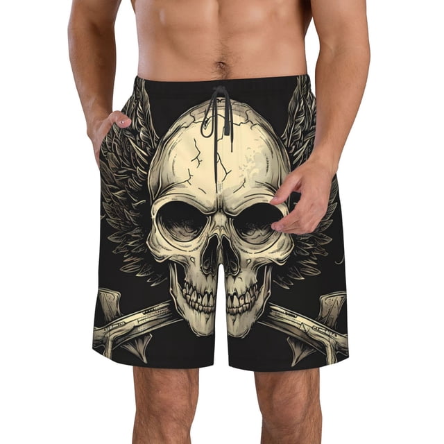 Balery Gothic Winged Skull Traje de Baño Estilo Hawaiano para Hombre, Shorts de Secado Rápido con Bolsillos-X-Large