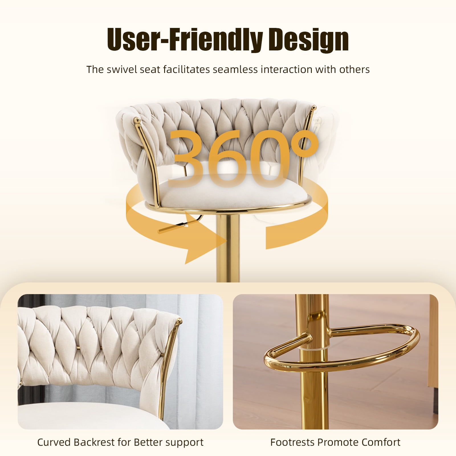 MOONMISS Velvet Upholstered Adjustable Height Swivel Armless Bar Stools with Golden Footrest(set of 2)-Ivory