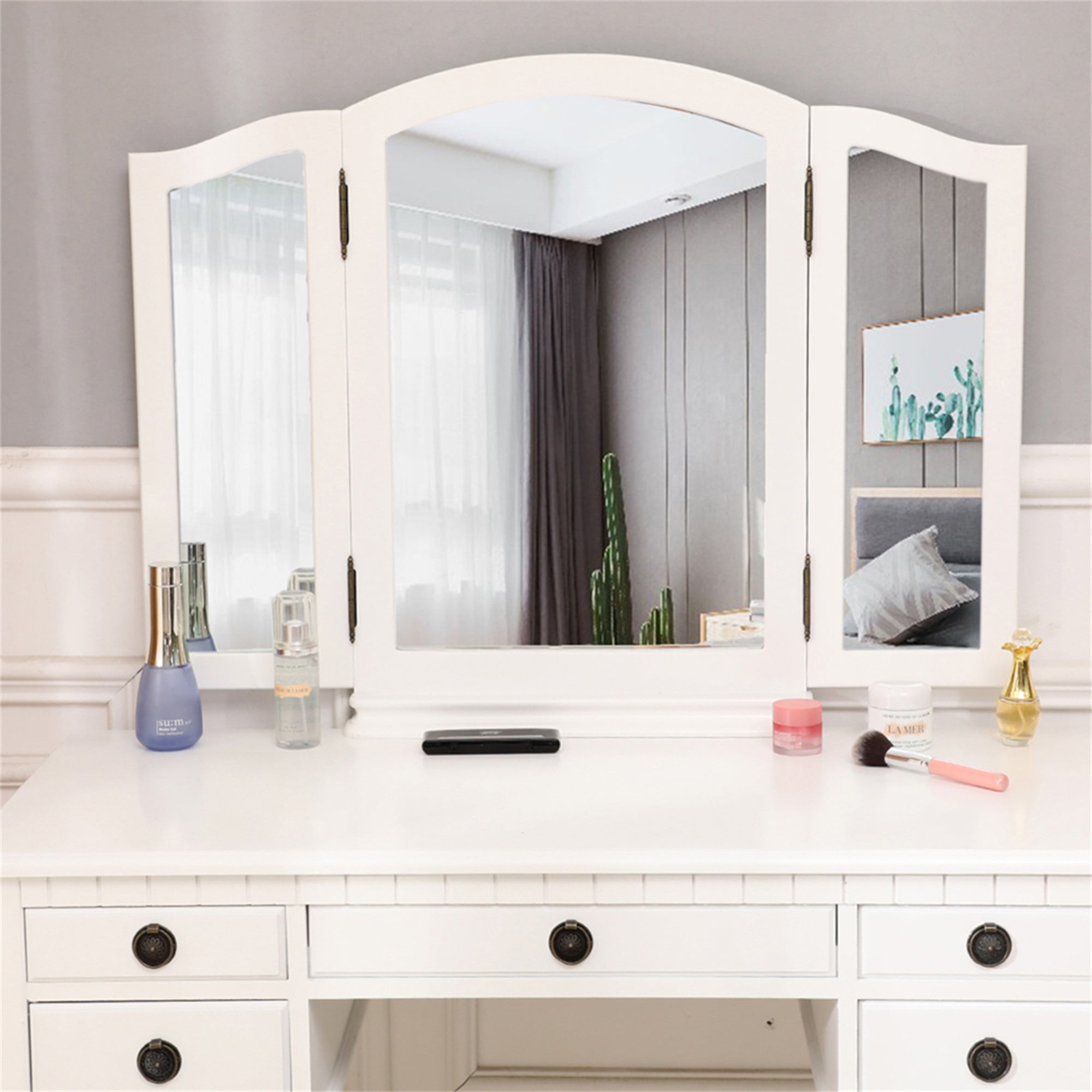 Kadyn Vanity Table and Chair Set, Vanity Set with Mirror and Stool with 3 Drawer, White