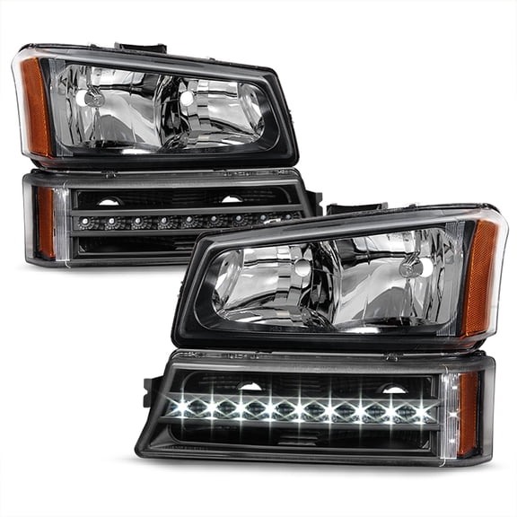 AKKON - For 2003-06 Chevy Silverado | 2003-07 Avalanche Black Headlights   LED DRL Bumper Turn Signal Lamps Pair