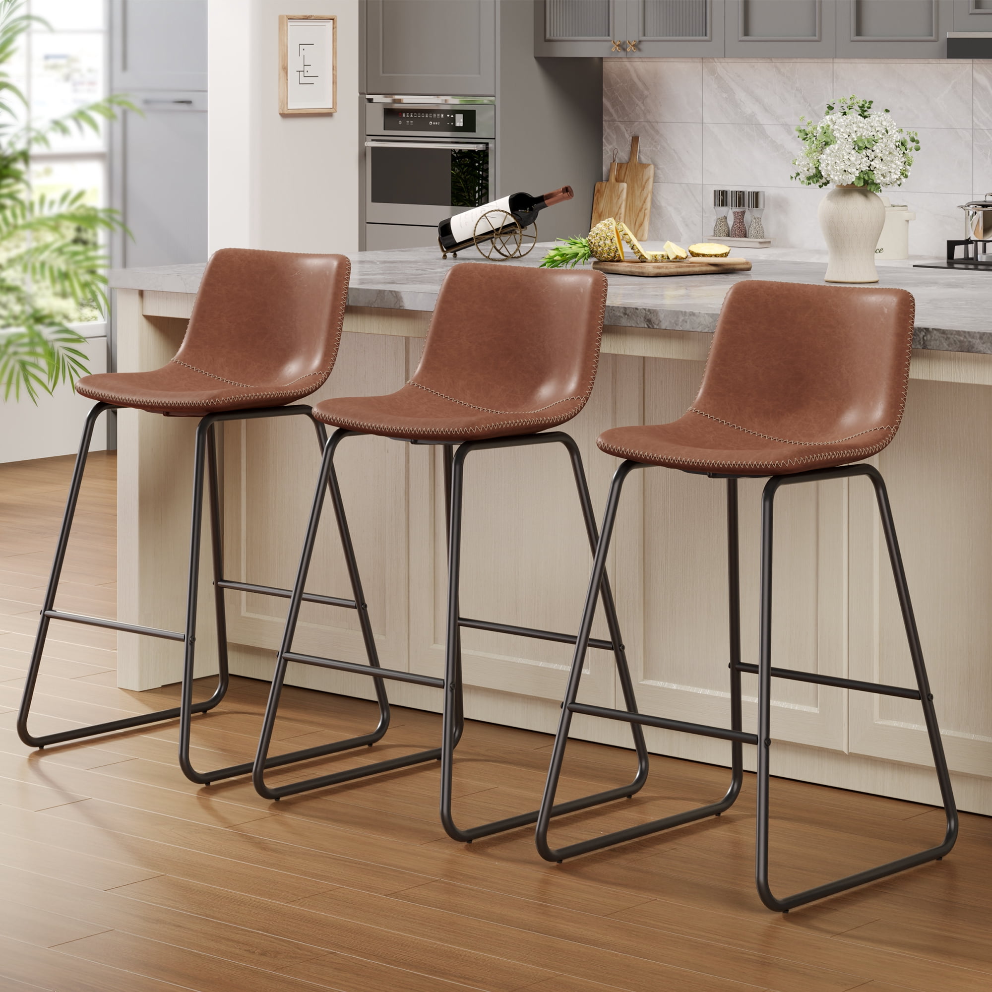 Aufeile 26" Counter Height Bar Stools Set of 3 – Modern Faux Leather Barstools with Back & Metal Legs, Kitchen Bar Chairs for Island, Dining Room, Dark Brown