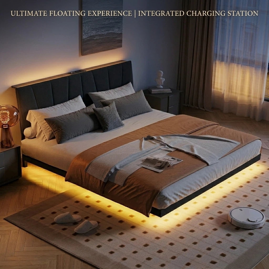 Neche Floating Upholstered Twin Full Queen King Platform Bed Frame with LED Lights, Charging Station & Storage Headboard, Gray