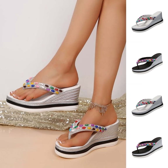 FRSASU Women's Rhinestone Platform Flip Flops Sparkly Wedge Thong Sandals Trendy Outdoor Summer Beach Slide Sandals White