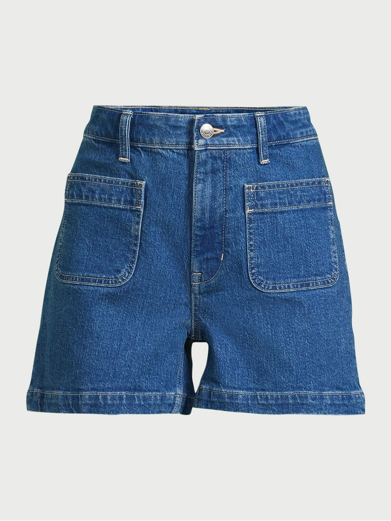 Free Assembly Women's Wide Leg Denim Shorts with Patch Pockets