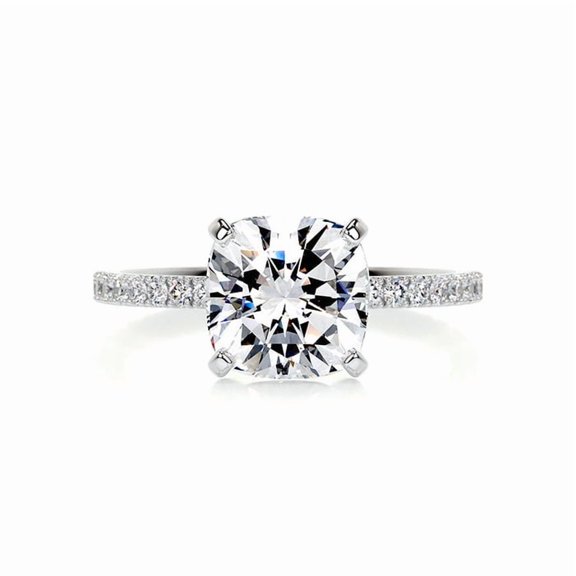Veda Jewelry 1.67 Ct Cushion Cut Moissanite Pave Solitaire Ring for Women - Elegant 14K White Gold Plated Prong Set Engagement Ring - Perfect Bridal Ring - 50th Birthday Gifts