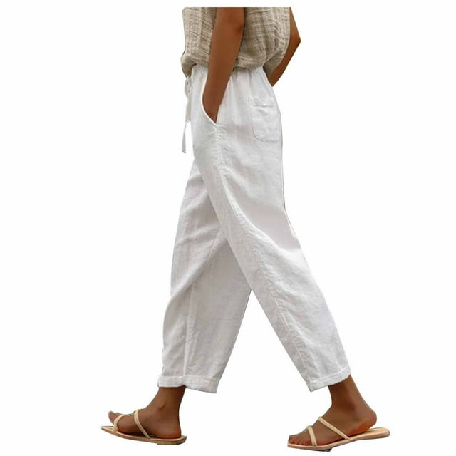 DPTALR Women's Fashionable Solid Color Pocket Drawstring Cotton And Linen Pants