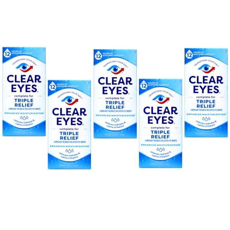 Clear Eyes Triple Relief Eye Drops, Relieves Redness & Calms Irritation, 0.5 Fl Oz - 5 Pack