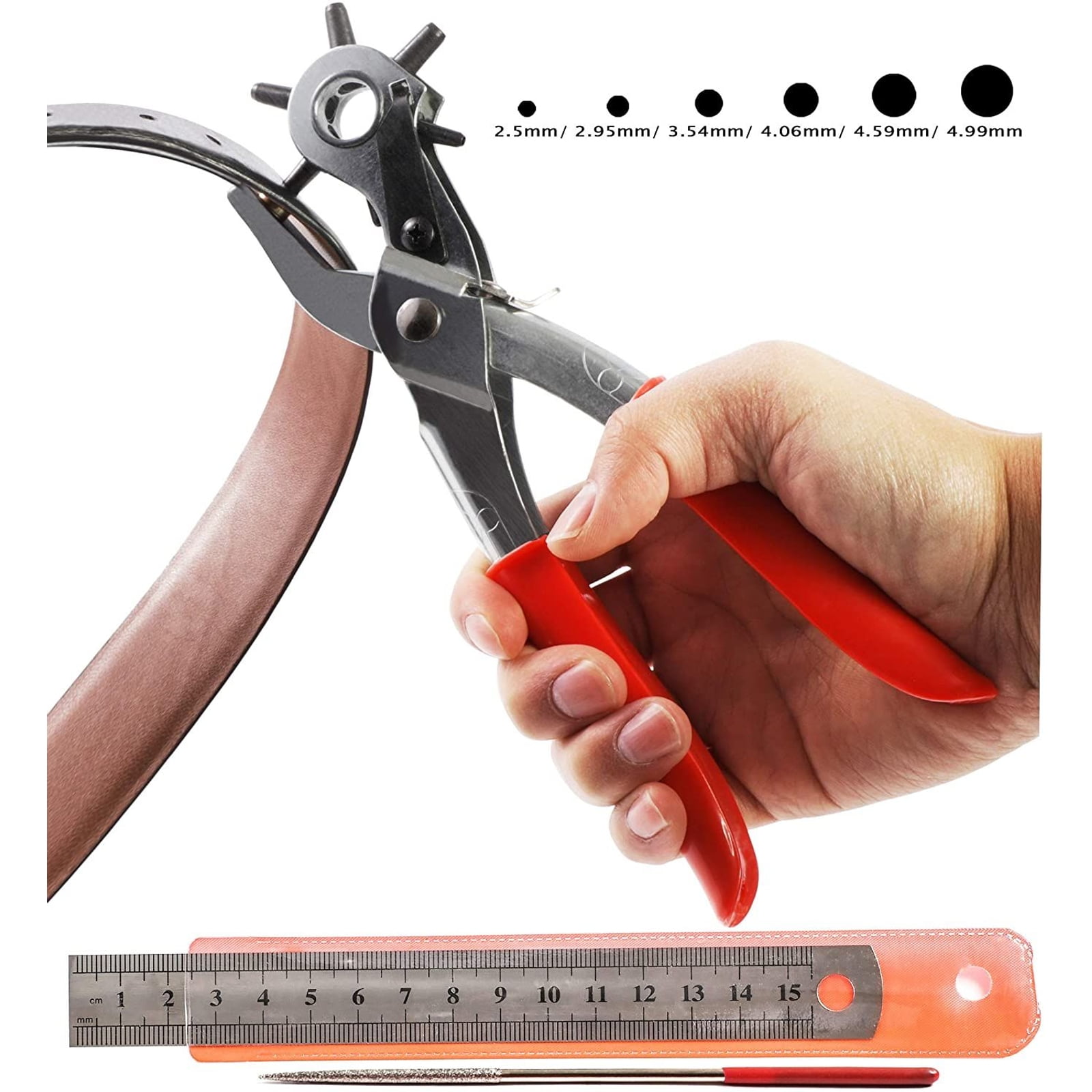 Heavy Duty Leather Hole Punch Hand Pliers Belt Holes 6 Sized Punches Tool