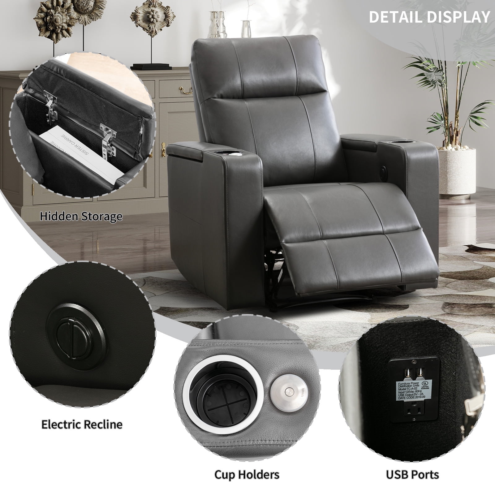 Bonzy Home Power Electric Recliner Chair, PU Leather Home Theater Seating with Cup Holders, USB Port & Hidden Storage, Single Movie Recliner for Living Room Media Room, Gray