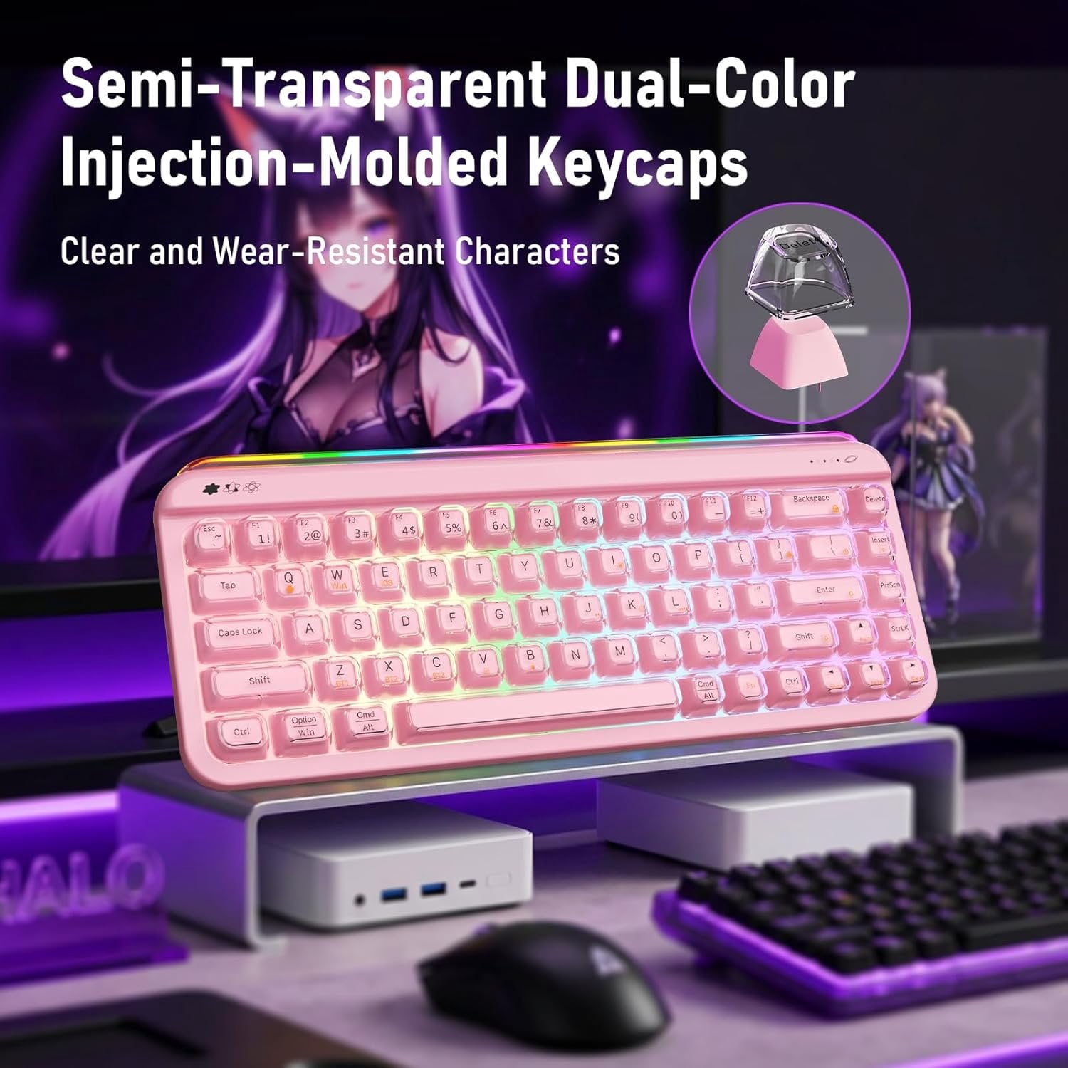 AF68 Membrane Keyboard, 68% Layout 68-Key Gaming Keyboard, 2.4 GHz/Type-C/BT, RGB Lighting Effects with Integrated Side Light Bar, 4000mAh , Translucent Keycaps