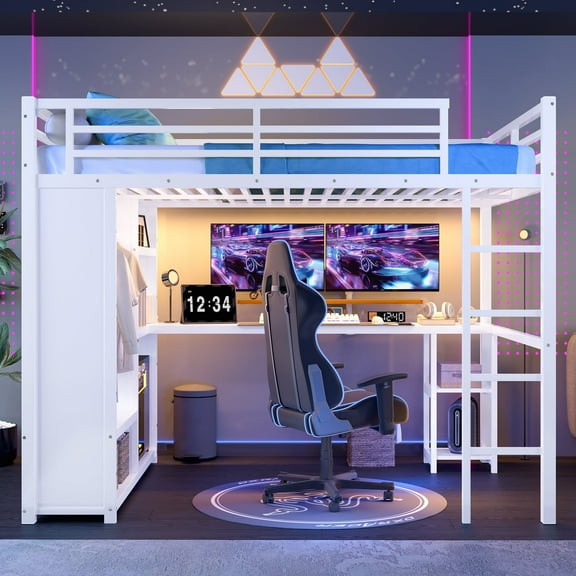 QZYeYun Queen Size Loft Bed with Desk and Built-in Wardrobe, Heavy Duty Bed Frame with Storage Shelves for Bedroom