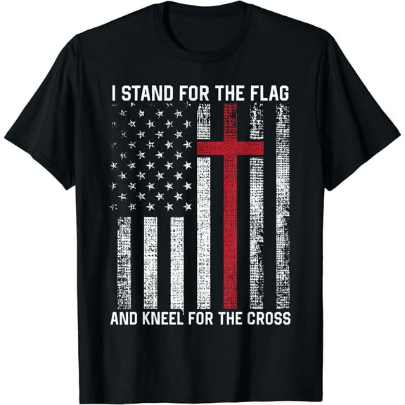 I Stand for the Flag and Kneel for the Cross USA Christian T-Shirt Black Small