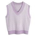 thumbnail image 2 of Fshiont Women Houndstooth Pattern Knit Sweater Vest Sleeveless Loose V-Neck 90s Waistcoat Pullover Knitwear Top Purple M, 2 of 6