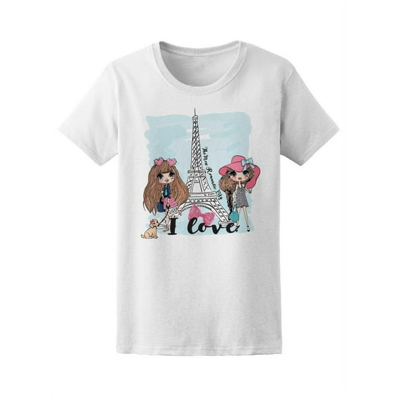 Smartprints Womens Graphic Tee - Cute Girls And Dog In Paris - Regular Fit 100% Cotton