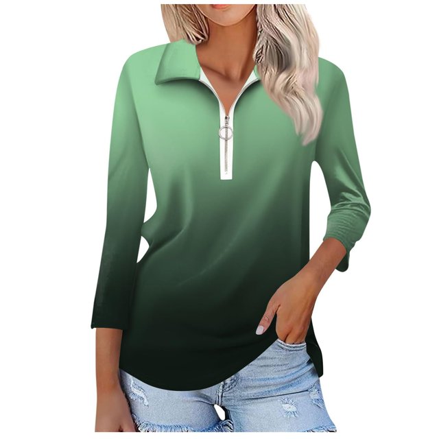 T-shirts pour Femmes Mode Féminine T-Shirt Imprimé Manches 3/4 Blouse Col Rabattu Décontracté
