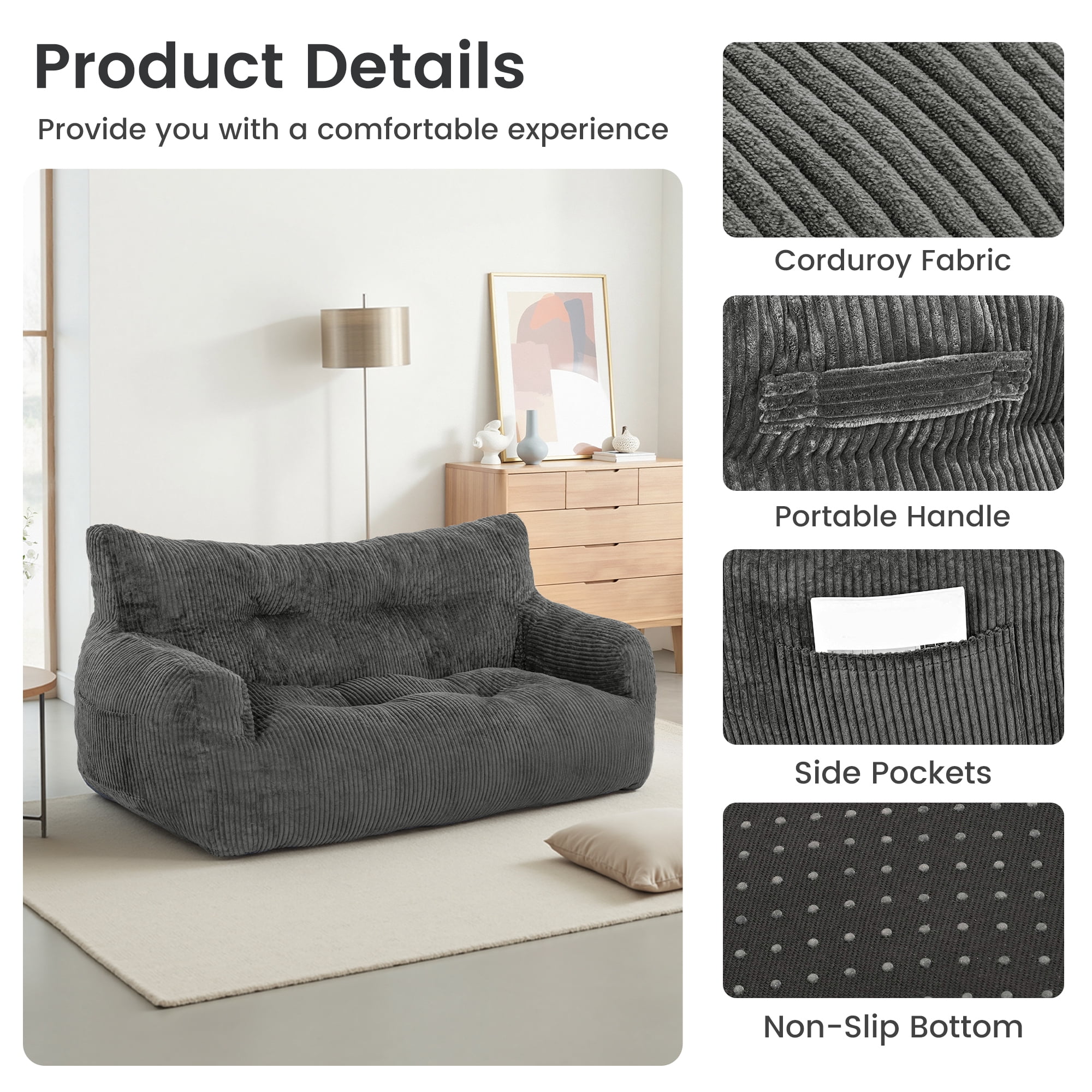 PamapicLife 2-Person Chill Plush Corduroy Bean Bag Sofa, Gray