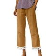 thumbnail image 2 of PiGOGI Women's Solid Ruffle Elastic High Waist Cotton Linen Long Pants, Casual Loose Trousers with Pockets, Daily/Beach/Vacation Wide Leg Yellow XL, 2 of 5