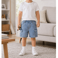 thumbnail image 3 of KIDSCOOL Boys Girls Cargo Denim Jeans Shorts Ribbed Elastic Half Pants, Light Blue, 5-6 Years, 3 of 7