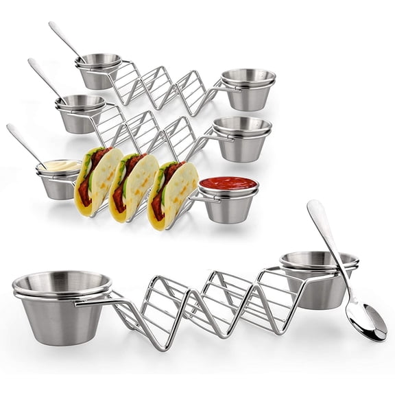 Cyitimo Stainless Steel Taco Holder Dishwasher Safe Holds 3 Tacos with 2 Sauce Cups and Spoon 4 Pack