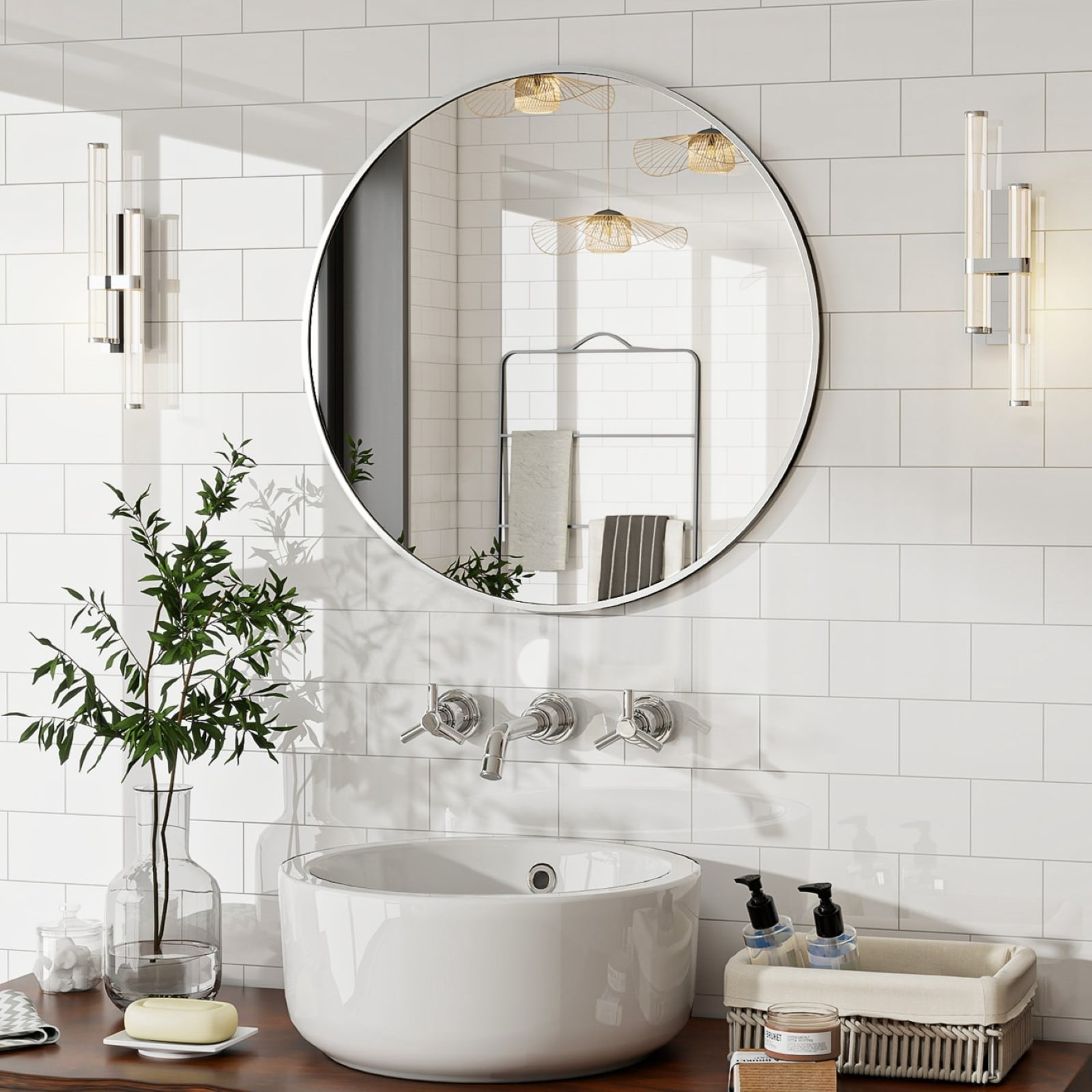 Lumora 20" Bathroom Mirror Round Wall Mirror Vanity Mirror with Metal Frame, White